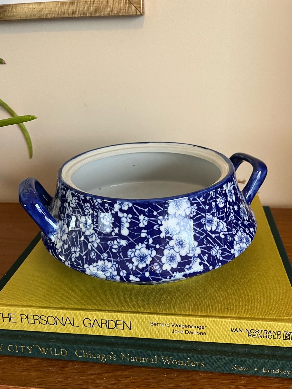Blue and White Floral Ceramic Bowl with Handles